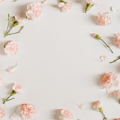 Obraz na płótnie Canvas Flat lay minimal floral composition. Pink carnation flowers on white background. Summer, spring concept. Copy space, top view