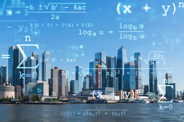 New York City skyline from New Jersey over the Hudson River towards the Hudson Yards at day. Manhattan, Midtown. Technologies and education concept. Academic research, top ranking university, hologram