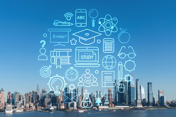 New York City skyline from New Jersey over the Hudson River towards the Hudson Yards at day....