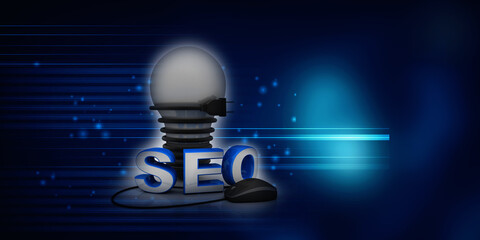 3d rendering mouse attached to word seo search engine optimization near cfl bulb connected cable