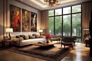 Beautiful and large living room interior with hardwood floors, fluffy rug and designer furniture,Generative AI