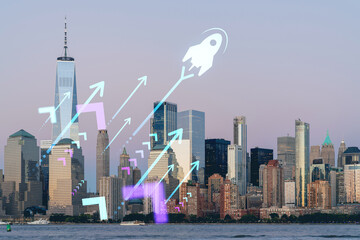 Skyline of New York City Financial Downtown Skyscrapers at sunset. Manhattan, NYC, USA. View from New Jersey. Startup company, launch project to seek and develop scalable business model, hologram