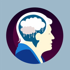 Concept for dementia, alzheimer brain desease. Head of old person with clouds inside. Cognitive decline, losing memory problem vector design. Mental illness medical illustration