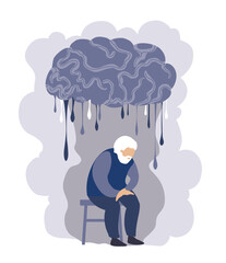 Dementia, alzheimers desease concept. Unhappy old man, sad senior person sitting under brain like cloud with rain. Cognitive impairment design, mind robbing, memory loss medical flat cartoon vector  - 614643837