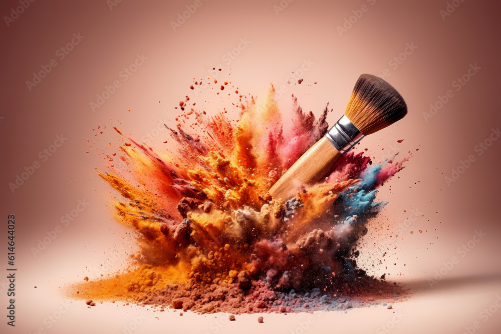 Wall mural Makeup brush with colorful powder explosion or eyeshadow isolated in pink background. generative AI