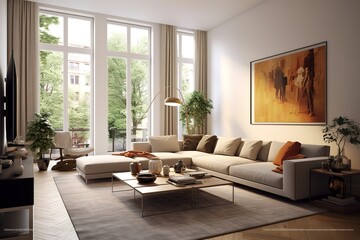Stylish scandinavian living room with design furniture, plants, bamboo bookstand and wooden desk. Brown wooden parquet. Abstract painting on the white wall. Nice apartment,Generative AI