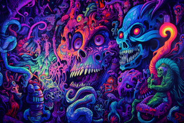 Fototapeta na wymiar abstract skulls blacklight art background
