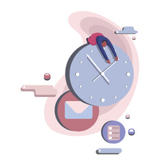 Cartoon tired guy lying on clock. Time and deadline management in office routine, hard work 2d vector graphic. Flat style illustration on white background