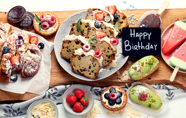 Healthy summer desserts. Different desserts on white background.  Top view