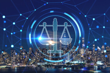 New York City skyline from New Jersey over the Hudson River with the skyscrapers at night, Manhattan, Midtown, USA. Glowing hologram legal icons. The concept of law, order and digital justice