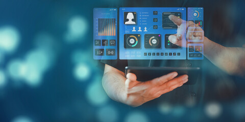 Smart remote home control system app. Living room interior in background.
