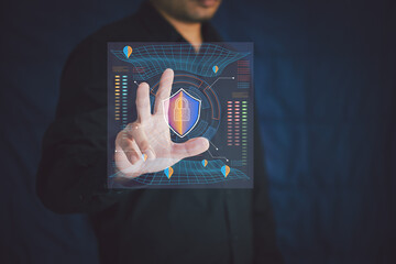 Big Data Technology for Business Finance Analytic Concept. Modern graphic interface shows massive information of business sale report, profit chart and stock market trends analysis on screen monitor.
