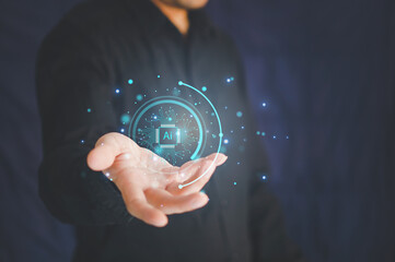 Businessman touching the brain working of Artificial Intelligence (AI) Automation, Predictive analytics