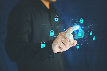 Cybersecurity and privacy concepts to protect data. Lock icon and internet network security technology. Internet and technology concept on virtual screen. Man touching on lock icon.