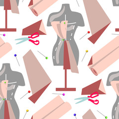 Pattern of colored pink sewing scissors, fabric, needle, mannequin. Modeling of a dress. Vector illustration. Printing on textiles and paper, seamless on a white background