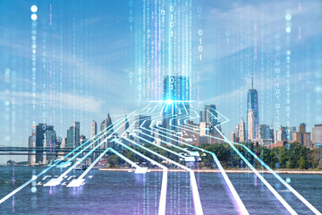 Fototapeta na wymiar Brooklyn and Manhattan bridges, New York City financial downtown skyline panorama at day time over East River. Artificial Intelligence concept, hologram. AI, machine learning, neural network, robotics