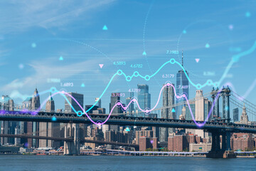 Naklejka na ściany i meble Brooklyn and Manhattan bridges with New York City financial downtown skyline panorama at day time over East River. Forex graph. The concept of internet trading, brokerage and fundamental analysis