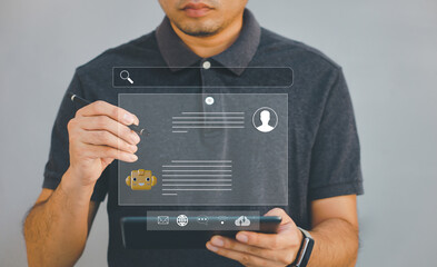Businessman using smart phone and touching on virtual screen contact menu email. Contact us or...