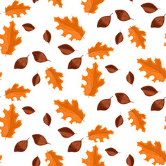 A pattern of autumn leaves in brown and orange tones. Fallen leaves. Flat design. Great for creating backgrounds, clothing and editorial design, postcards, gift wrapping paper, home decor, etc