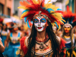close up shot, a beautiful woman wearing a carnival costume and smiling