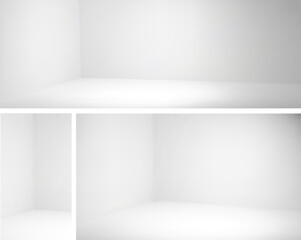 Empty wall in white corner room 3d interior set. Panorama studio space inside in perspective view in house. Concrete angle mockup for stories presentation template. Grey clean vertical office scene.