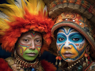 Two colombians wearing carnival costumes, carnival masks country