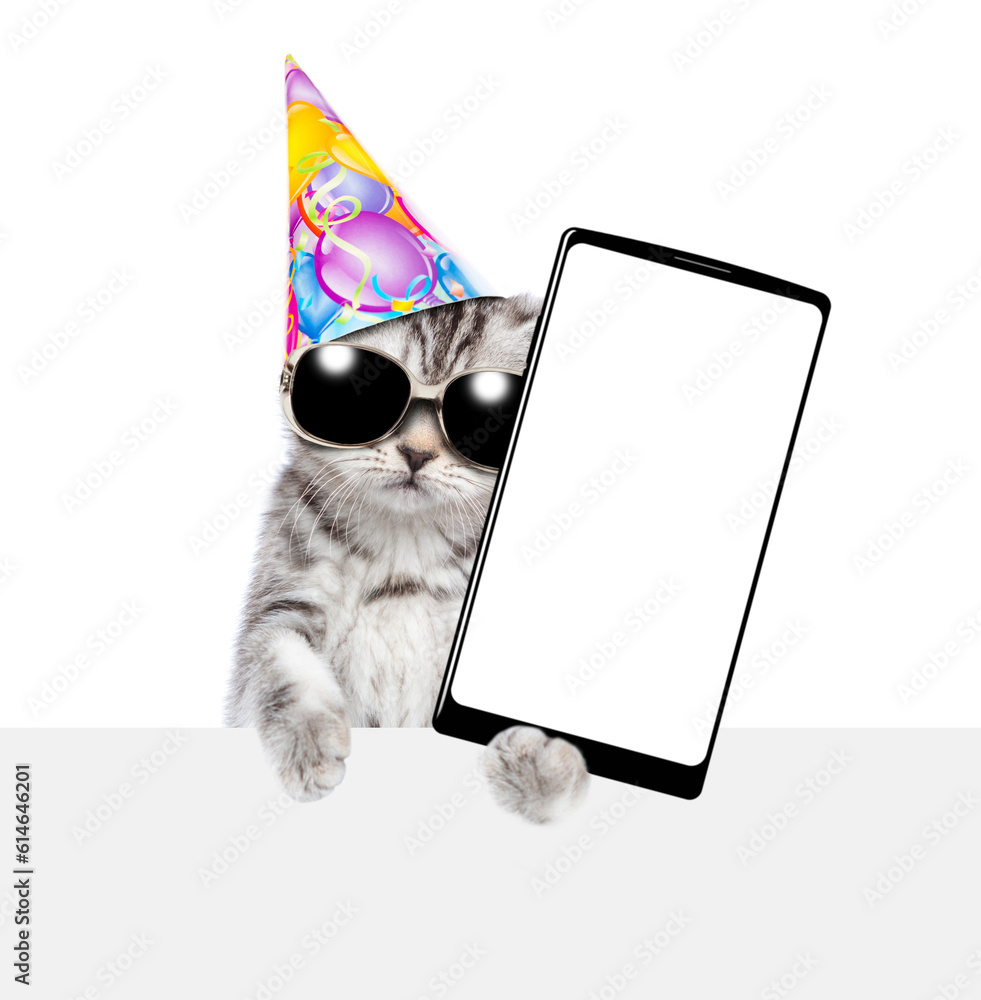 Poster cute kitten wearing party cap shows big smartphone with blank screen above empty white banner. isola