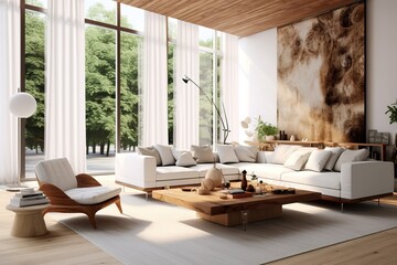 Interior of a beige living room decorated in a Scandinavian farmhouse style with natural wood furnishings,Modern luxury living room | Modern interior living room design ,Generative AI