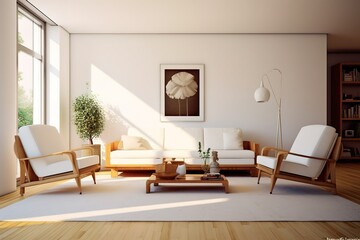 Fototapeta na wymiar Interior of a beige living room decorated in a Scandinavian farmhouse style with natural wood furnishings,Modern luxury living room | Modern interior living room design ,Generative AI
