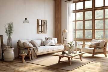 Interior of a beige living room decorated in a Scandinavian farmhouse style with natural wood furnishings,Modern luxury living room | Modern interior living room design ,Generative AI