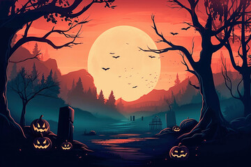 Ai generative.  Halloween background with creepy landscape of night sky.