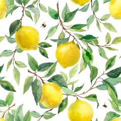 Beautiful seamless pattern with hand drawn watercolor yellow lemons on branches with leaves and black olives. Stock illustration. - 614647005