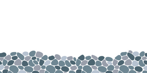 Pebble seamless backdrop vector illustration. Cobble stones border frame. Doodle sea stones repeated background. Paving, shingle beaches template pattern for interior designs, wrapping paper print.