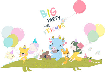 Birthday Anniversary Party with Cute Animals and Kids. Vector Illustration