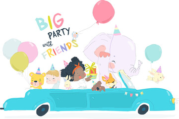Birthday Party Greeting Card Design. Fox, Elephant, Lion and Kids ride on a Car and celebrate Birthday. Vector Illustration