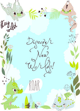 Cute Cartoon Frame with Colorful Little Dragons and Plants. Vector Illustration