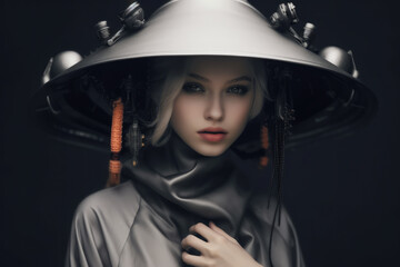 Futuristic portrait of a fashion model with a hat. Conceptual artwork on the future of fashion. Generative AI