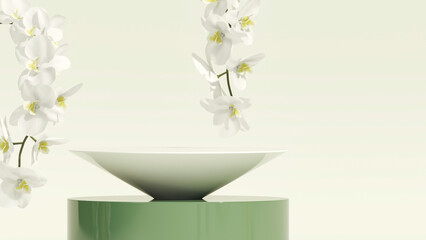 3D rendering orchid flower background white color with geometric shape podium for product display, minimal concept, Premium illustration pastel floral elements, beauty, cosmetic.
