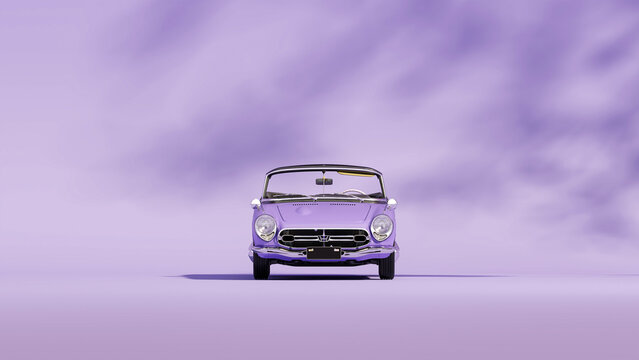 Purple retro car. Stylized, toy looking vintage car. Pastel colors scene. 3D rendering for web page, studio, presentation or picture frame backgrounds.
