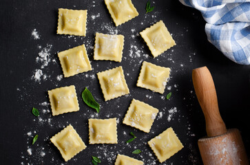Raw Ravioli with Flour and Basil on Dark Background