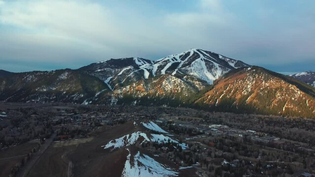 Mountain Ranges At The Ski Resort Of Sun Valley, Idaho USA. Aerial Wide Shot