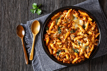 Ground Chicken Pasta Bake in baking dish, top view