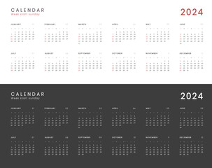 Set of 2024 Annual Calendar template. Vector layout of a wall or desk simple calendar with week start Sunday. Calendar design in black and white colors, holidays in red colors.