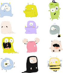 Obraz premium Funny and Cute Colourful Monsters for Halloween on White Background. Vector Illustration