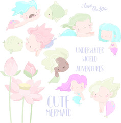 Vector Cartoon Set with Cute Mermaids on White Background