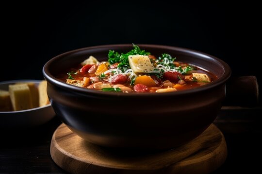 An image of Minestrone in a ceramic bowl with a spoon, contrasting with a dark background and dramatic lighting