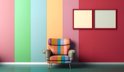 Abstract minimal concept. Pastel multi colour vibrant groovy retro striped background wall frame with bright armchair decor. Mock up template for product presentation. 3D rendering. copy text space