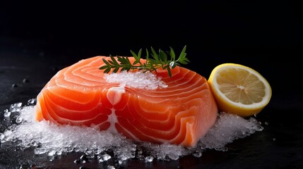 Obraz premium Raw salmon steak, salt and lemon on a concrete black background. Generative AI