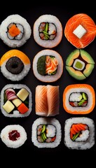 Vertical sushi maki rolls isolated on black background. Traditional Asian food composition. Generative AI illustration