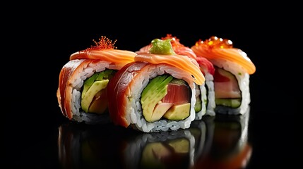 Sushi roll (Philadelphia) with salmon, smoked eel, avocado, cream cheese on black background Generative AI